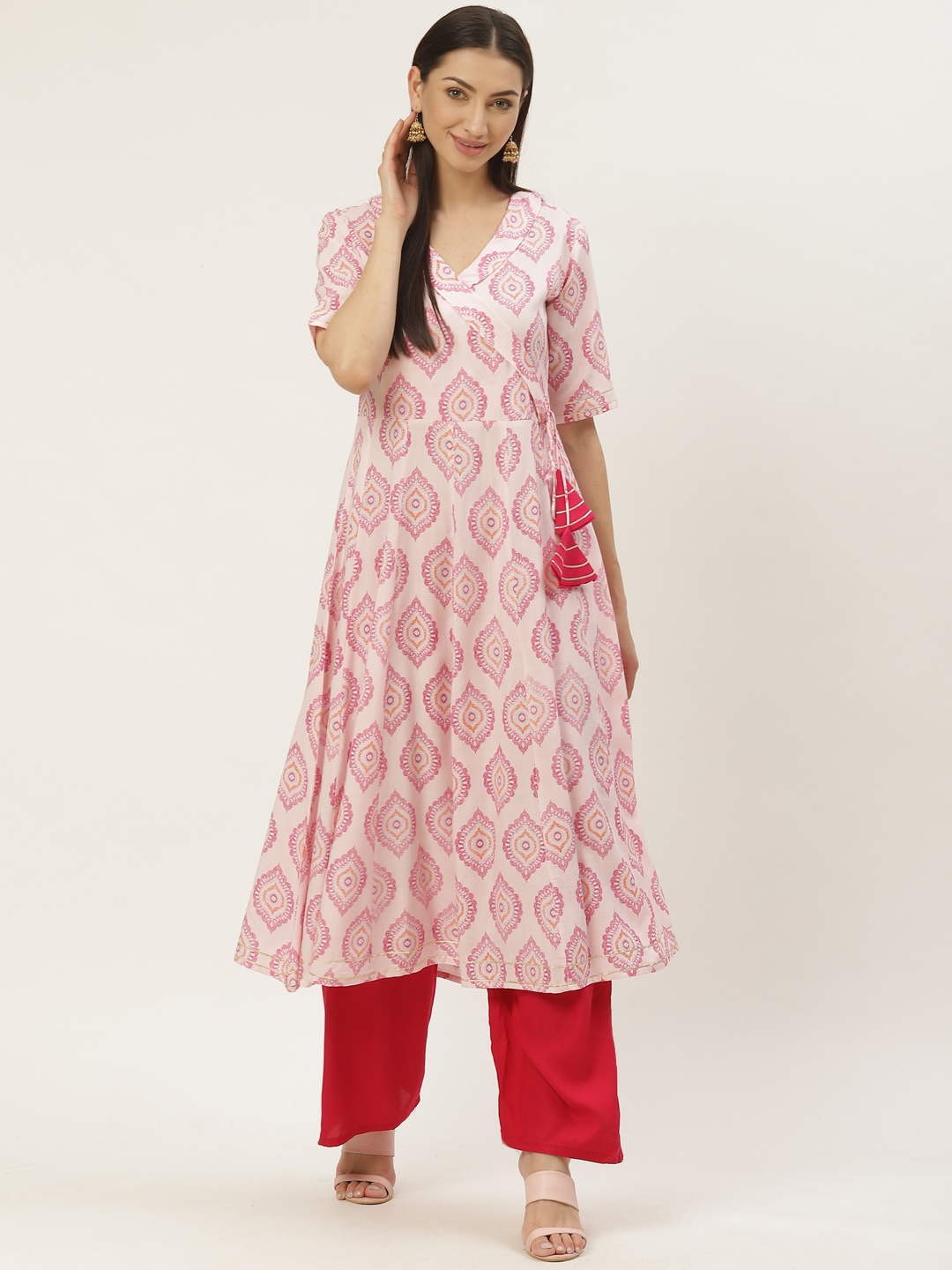 

Maaesa Women Pink Printed Angrakha Anarkali Kurta