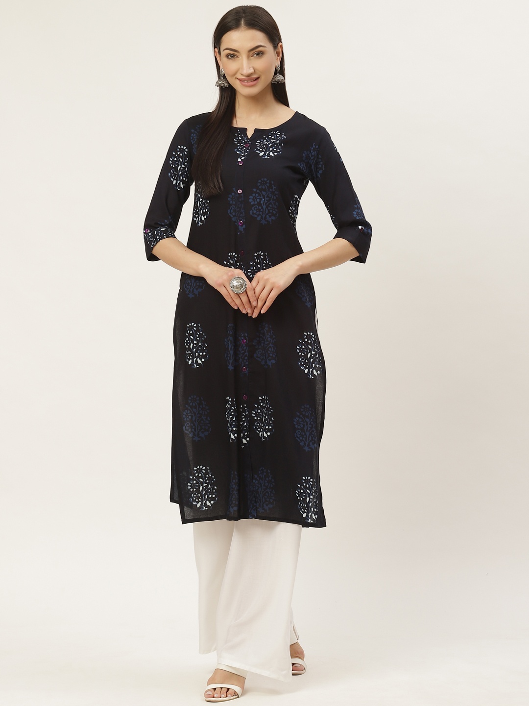 

Maaesa Women Navy Blue Printed Straight Kurta