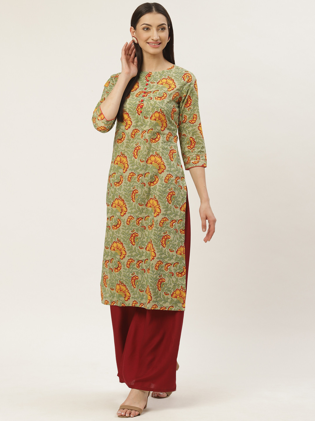

Maaesa Women Green & Yellow Printed Straight Kurta