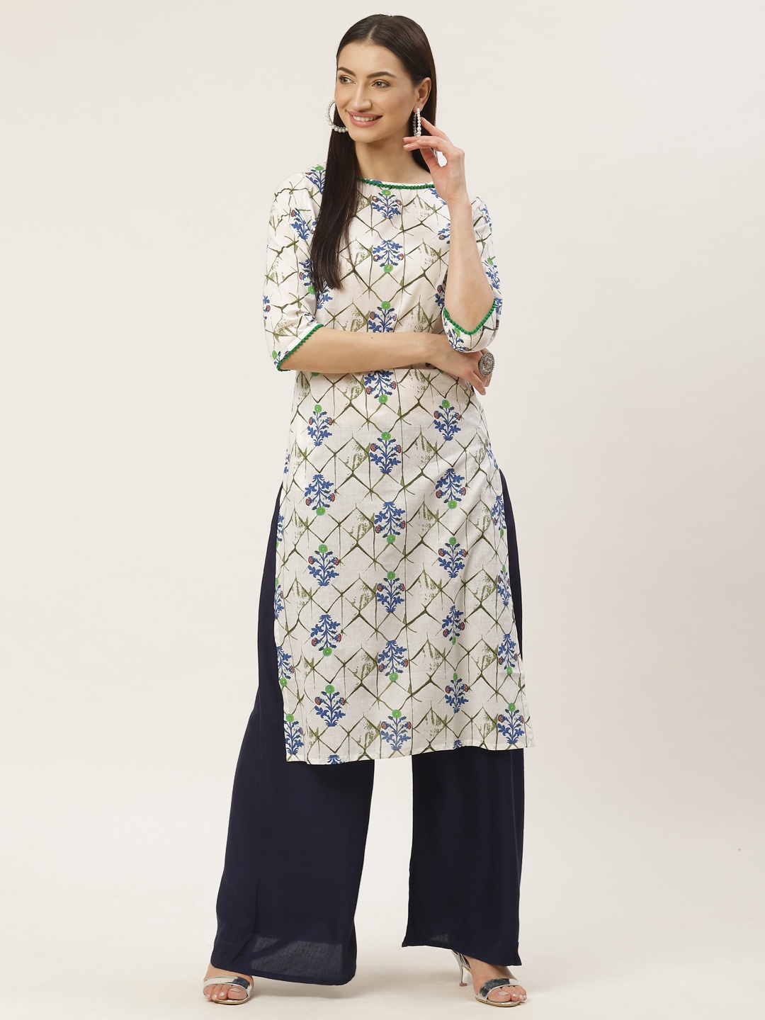 

Maaesa Women White & Blue Printed Straight Kurta
