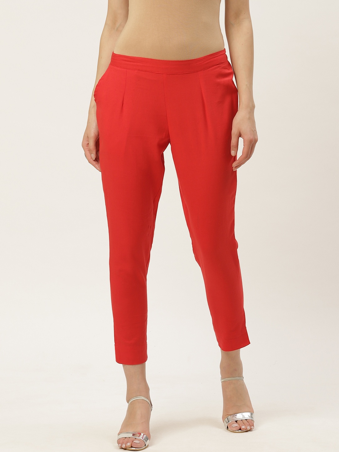 

Maaesa Women Red Regular Fit Solid Cigarette Cropped Trousers