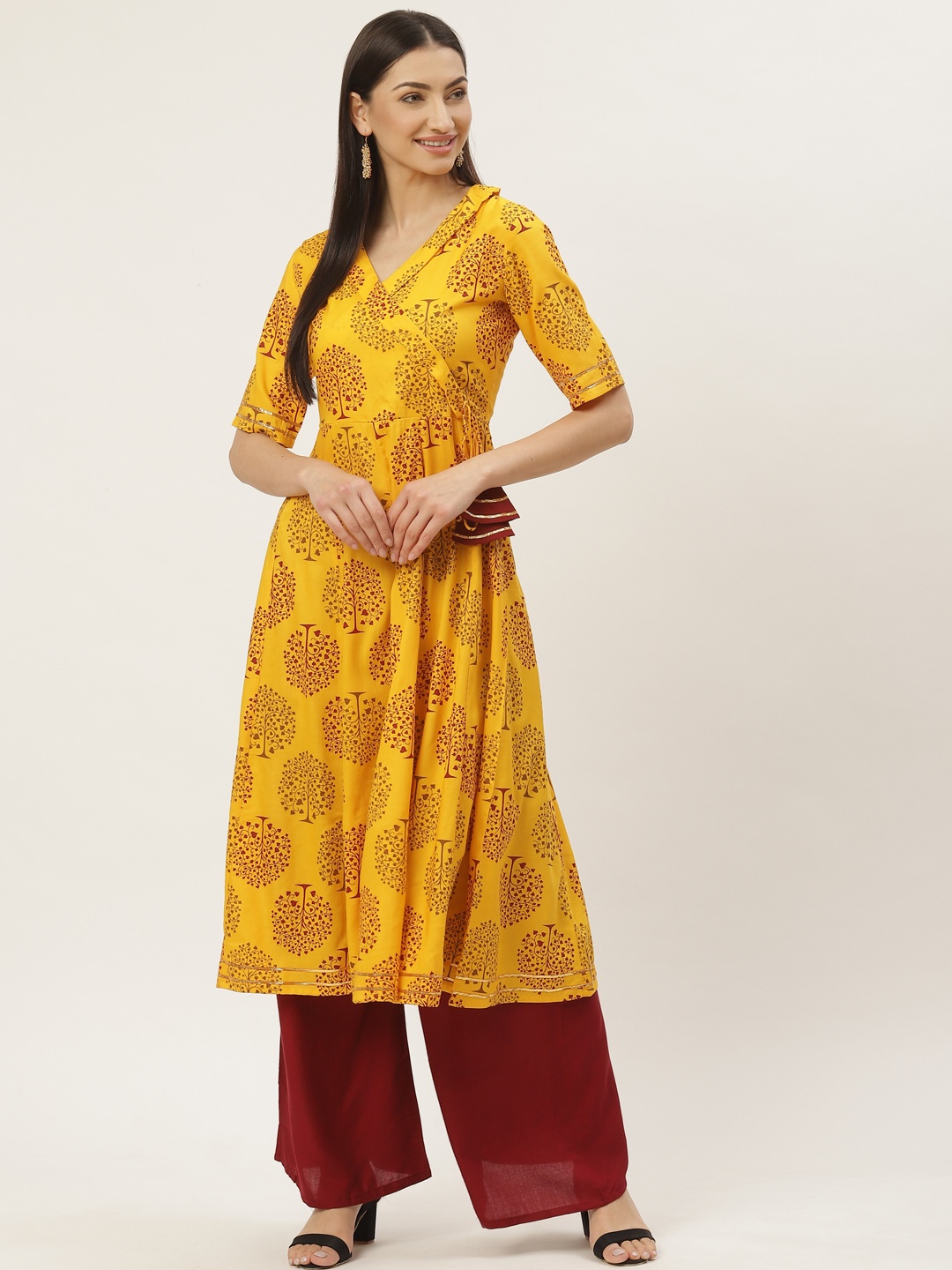 

Maaesa Women Mustard Yellow & Maroon Printed Angrakha Anarkali Kurta