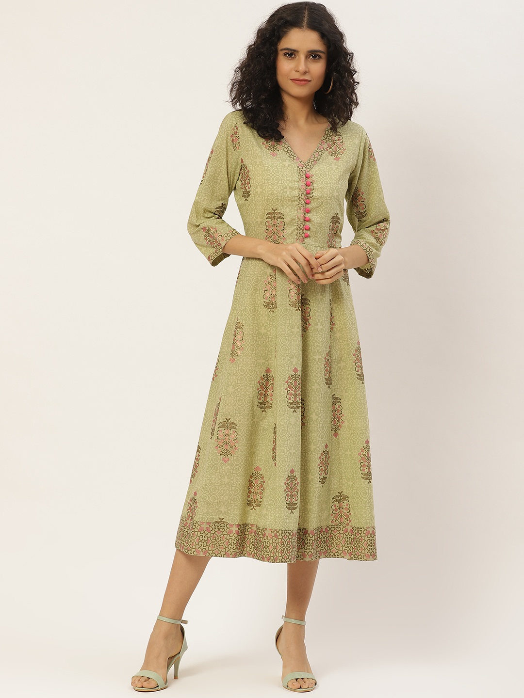

Maaesa Women Green & Pink Printed A-Line Dress