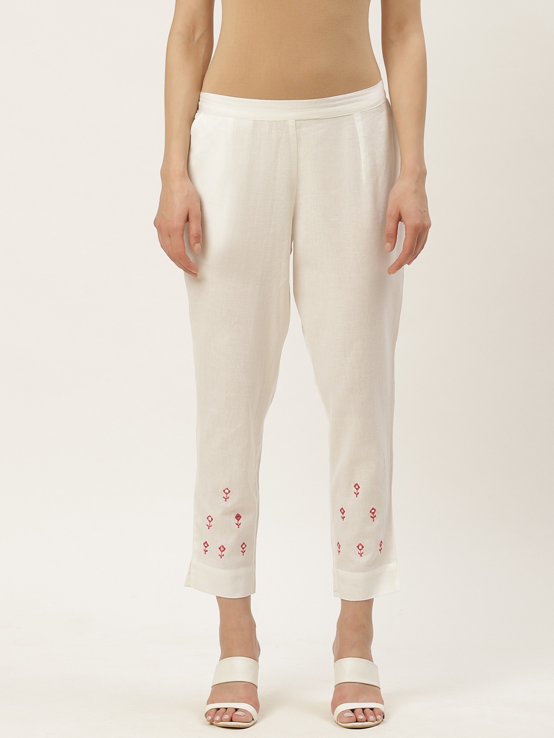 

Maaesa Women White Regular Fit Embroidered Hem Cropped Trousers
