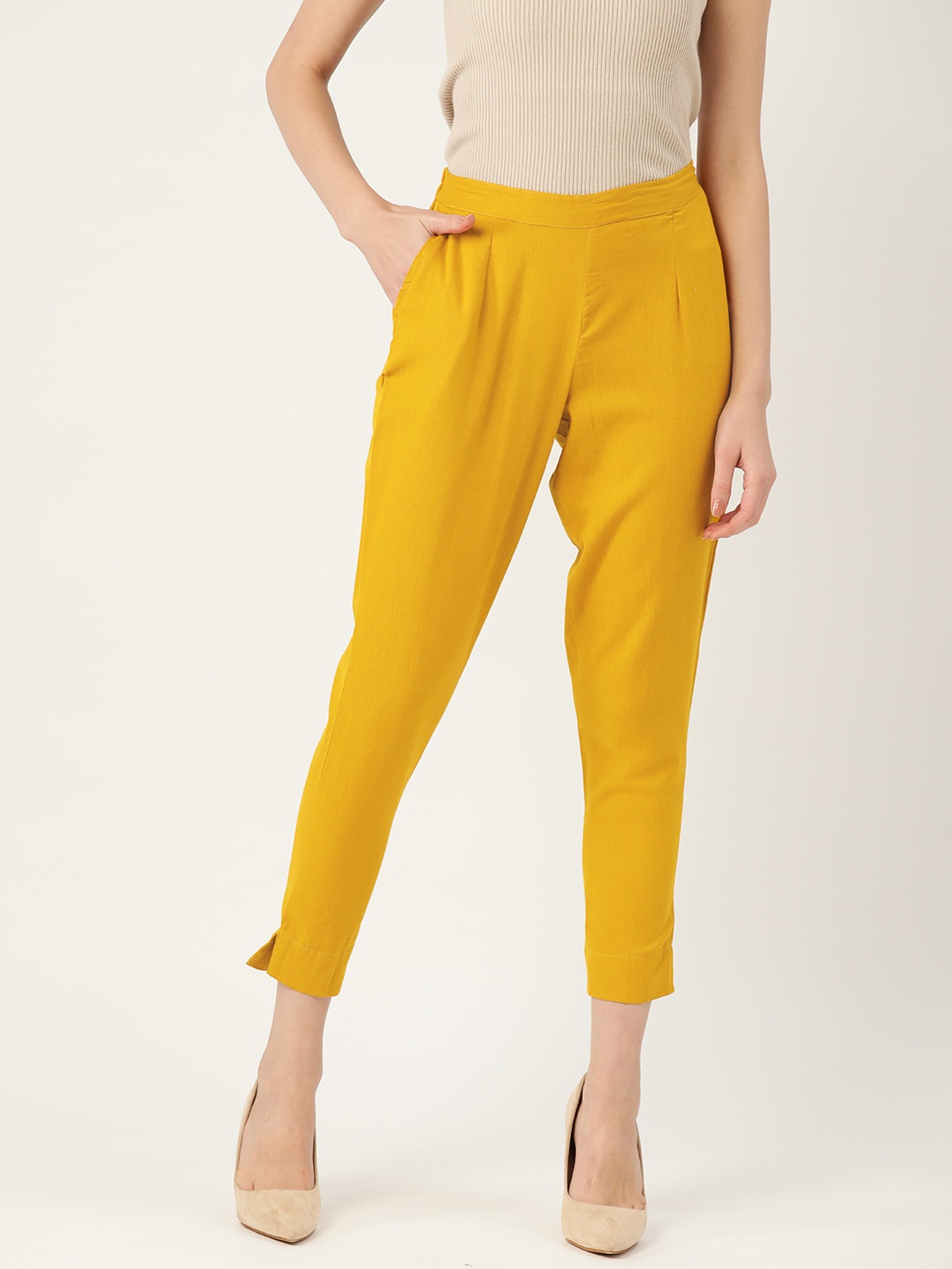 

Maaesa Women Mustard Yellow Regular Fit Solid Crop Cigarette Trousers