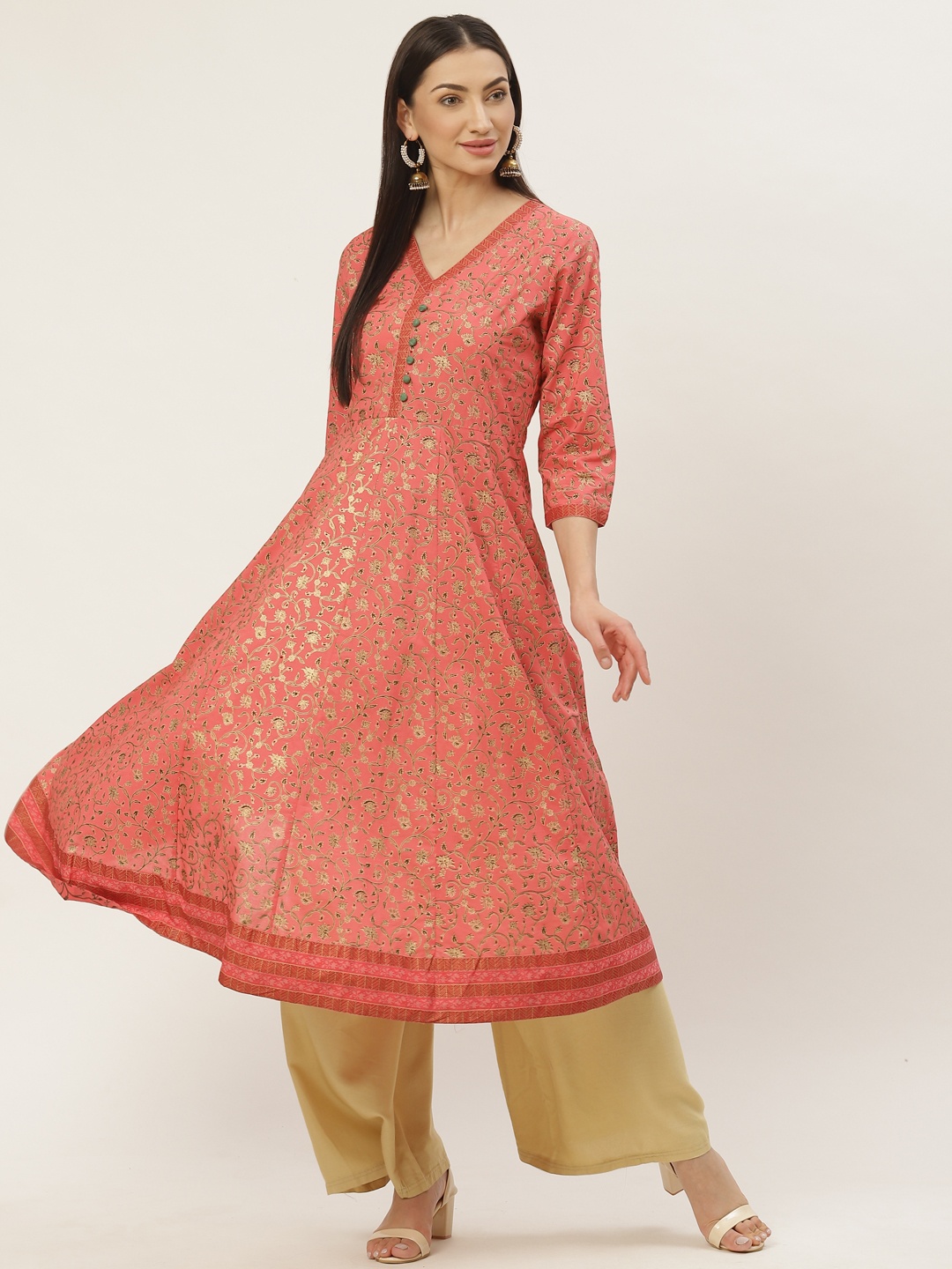 

Maaesa Women Coral Pink & Golden Printed Anarkali Kurta