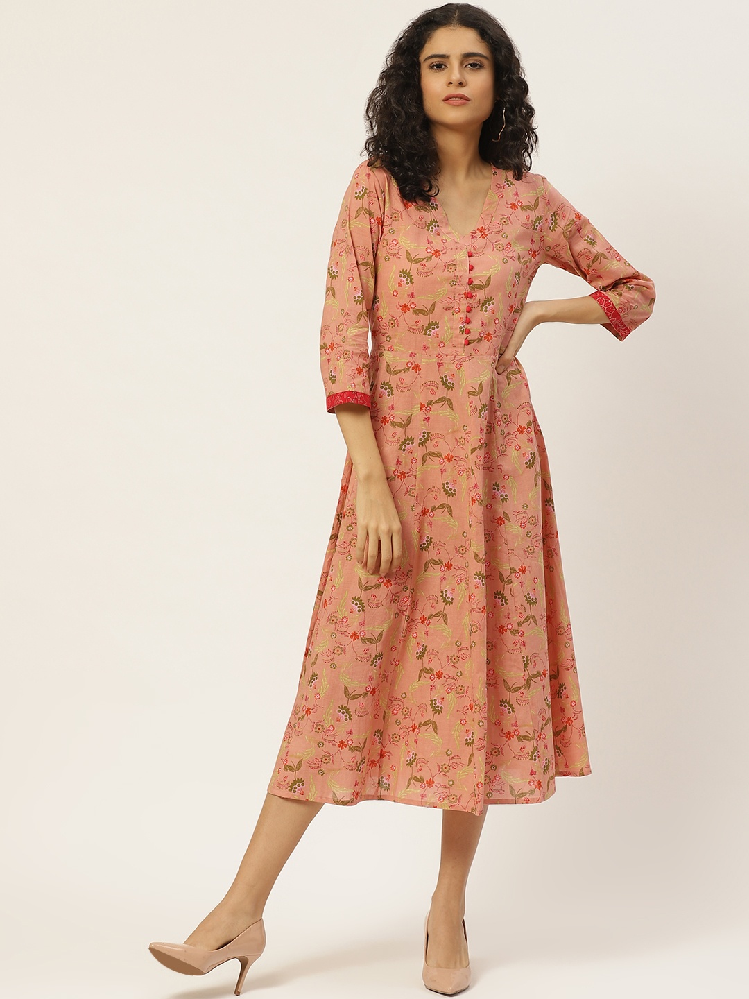 

Maaesa Women Peach-Coloured & Green Printed Maxi Dress