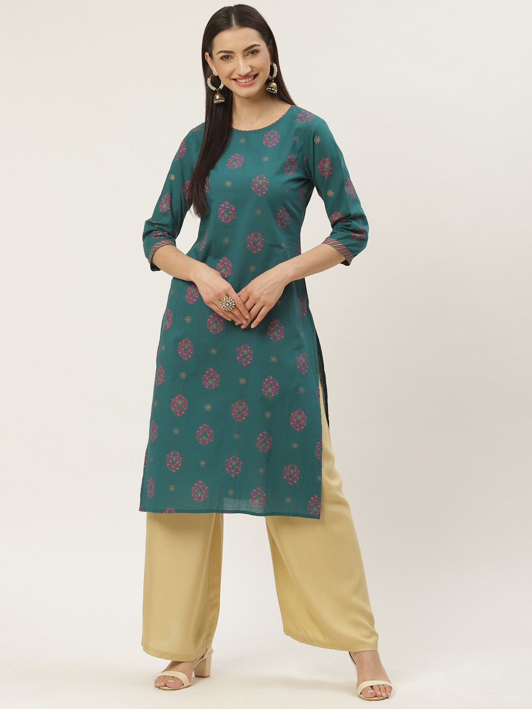 

Maaesa Women Teal Green & Pink Printed Straight Kurta