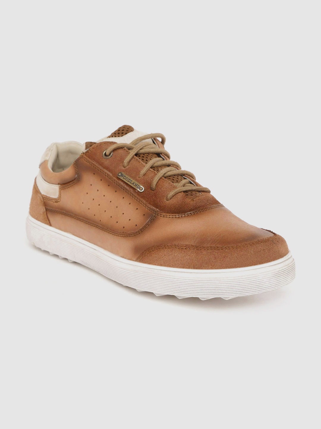

Woodland Men Tan Brown Smoked Effect Leather Sneakers with Perforated Detail
