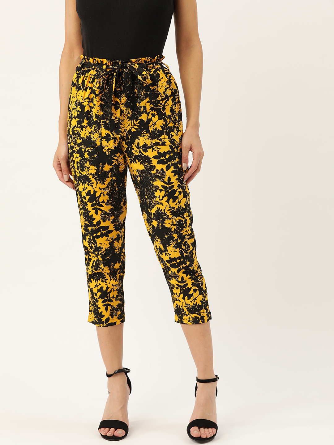 

J Style Women Yellow & Black Slim Fit Printed Cropped Trousers