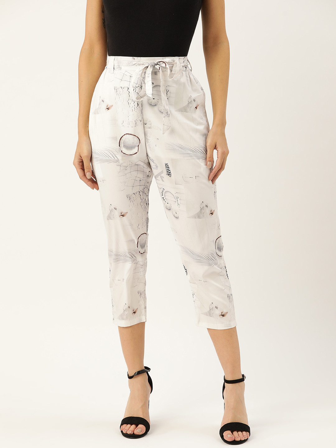 

J Style Women Off-White & Grey Slim Fit Printed Cropped Trousers