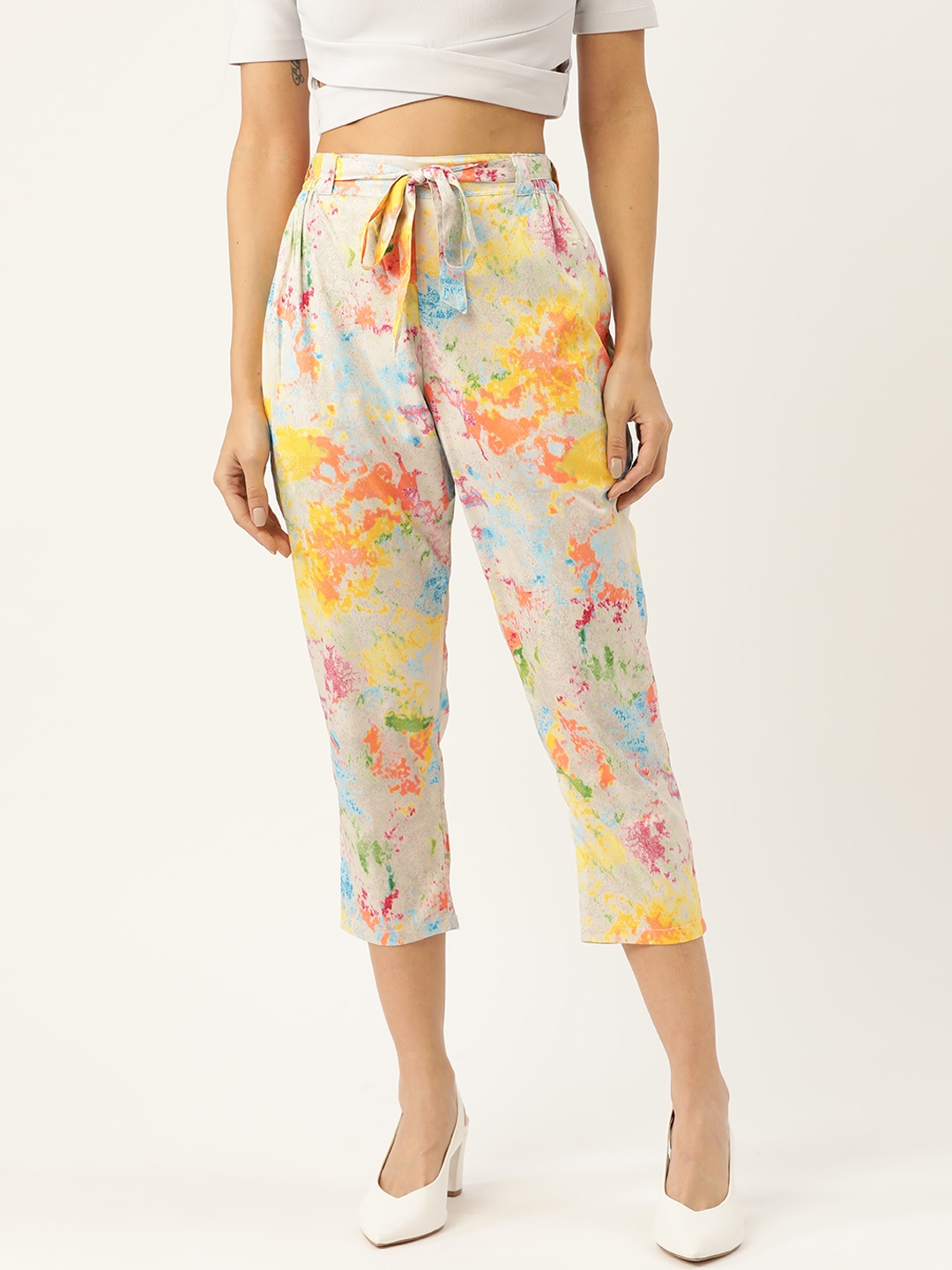 

J Style Women Beige & Orange Slim Fit Printed Cropped Trousers