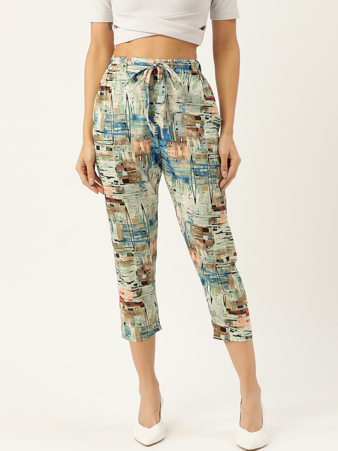 

J Style Women Green & Blue Slim Fit Printed Cropped Trousers