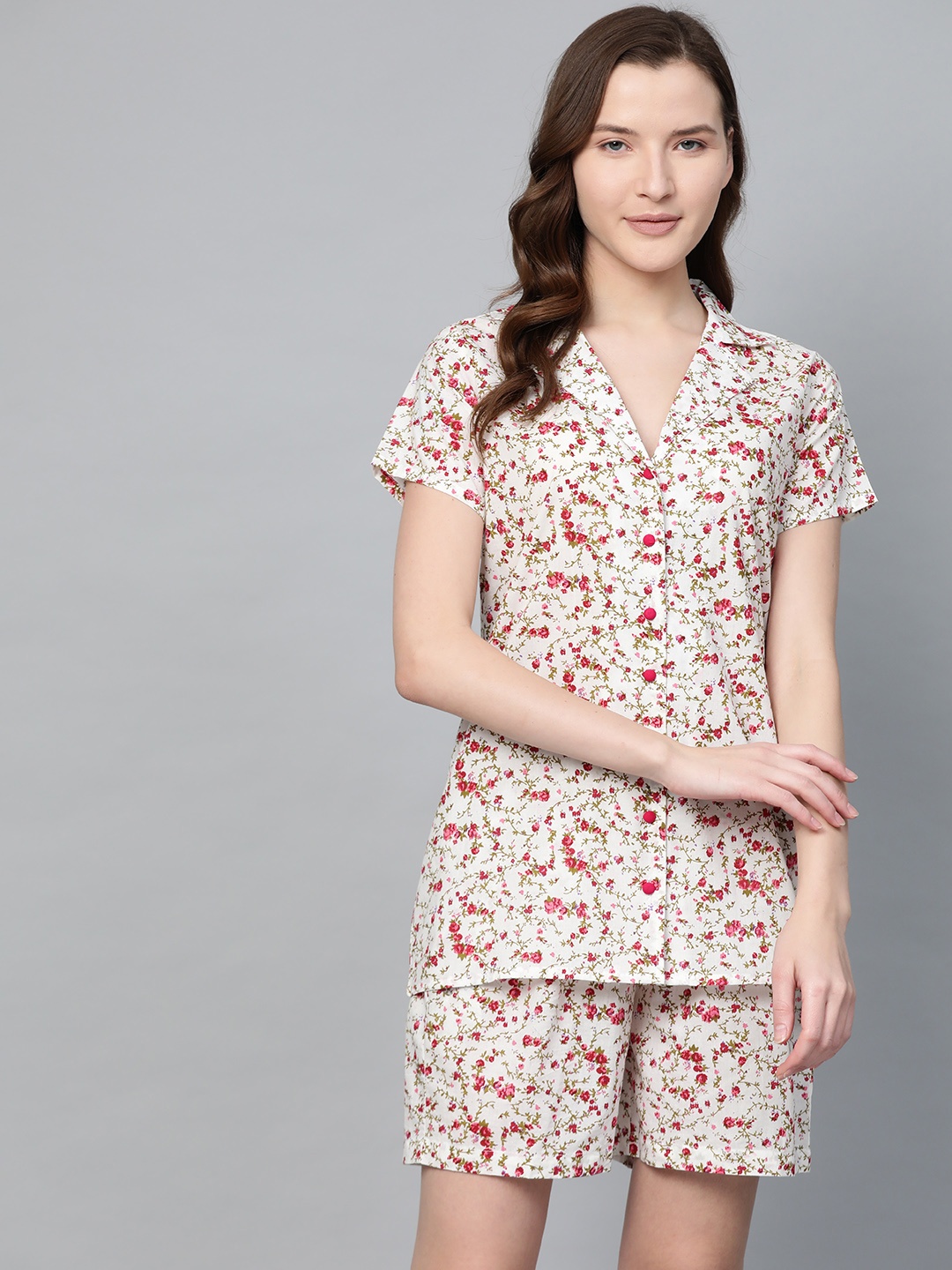 

AASI - HOUSE OF NAYO Women Off-White & Red Floral Print Night Suit