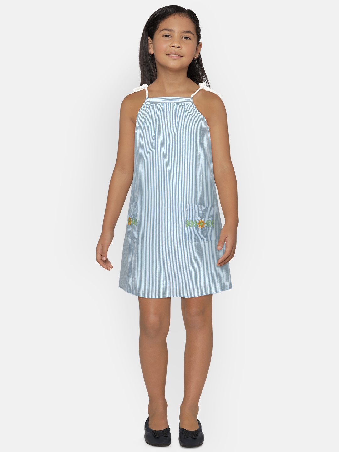 

Global Desi Girls Blue & White Striped A-Line Dress with Embroidered Detail