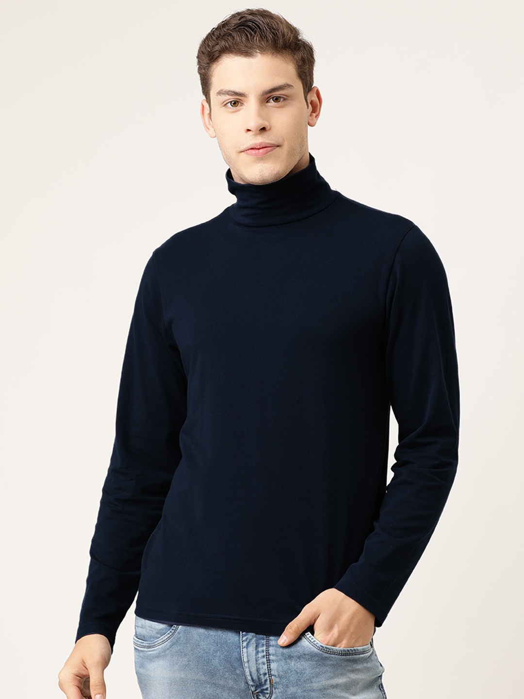 

Flying Machine Men Navy Blue Solid Turtle Neck T-shirt