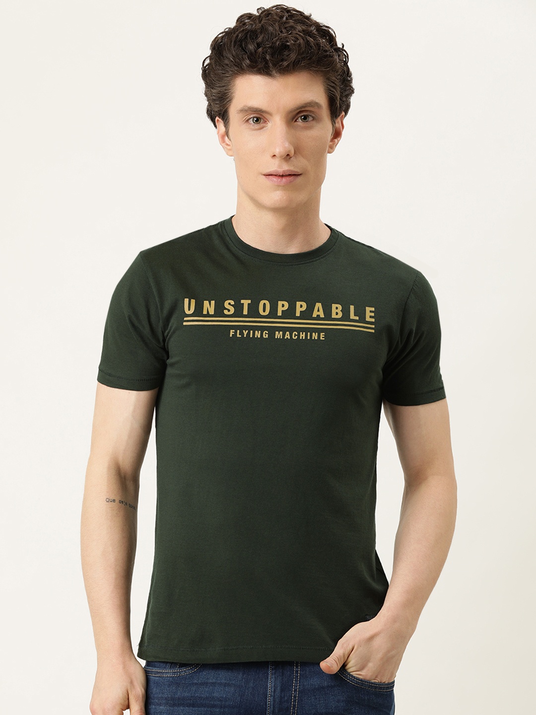 Flying Machine Men Olive Green Cotton Typography Printed T-shirt