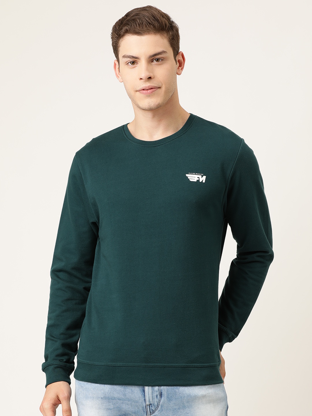

Flying Machine Men Teal Green Solid Sweatshirt with Print