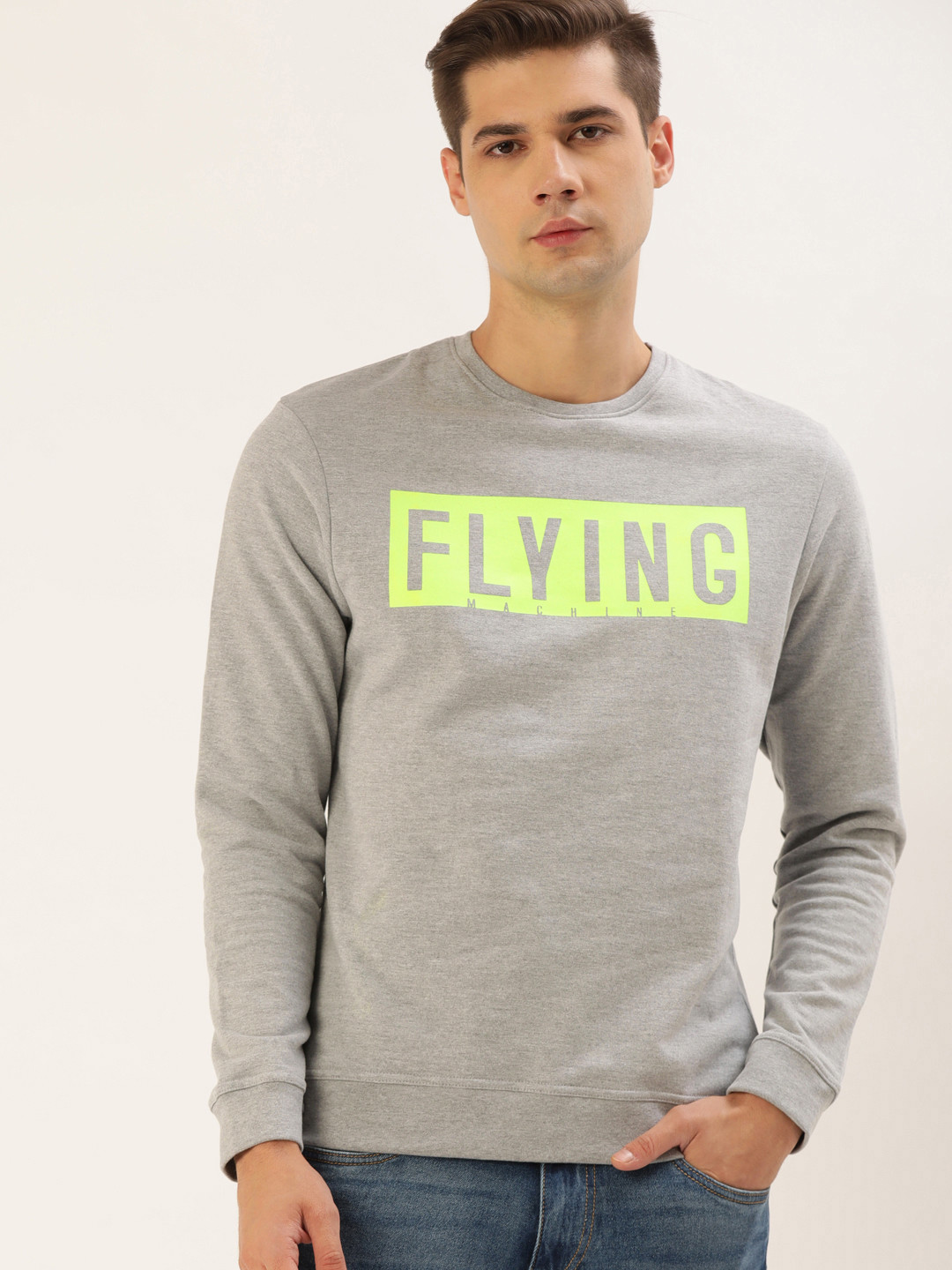 

Flying Machine Men Grey Melange Brand Logo Printed Sweatshirt