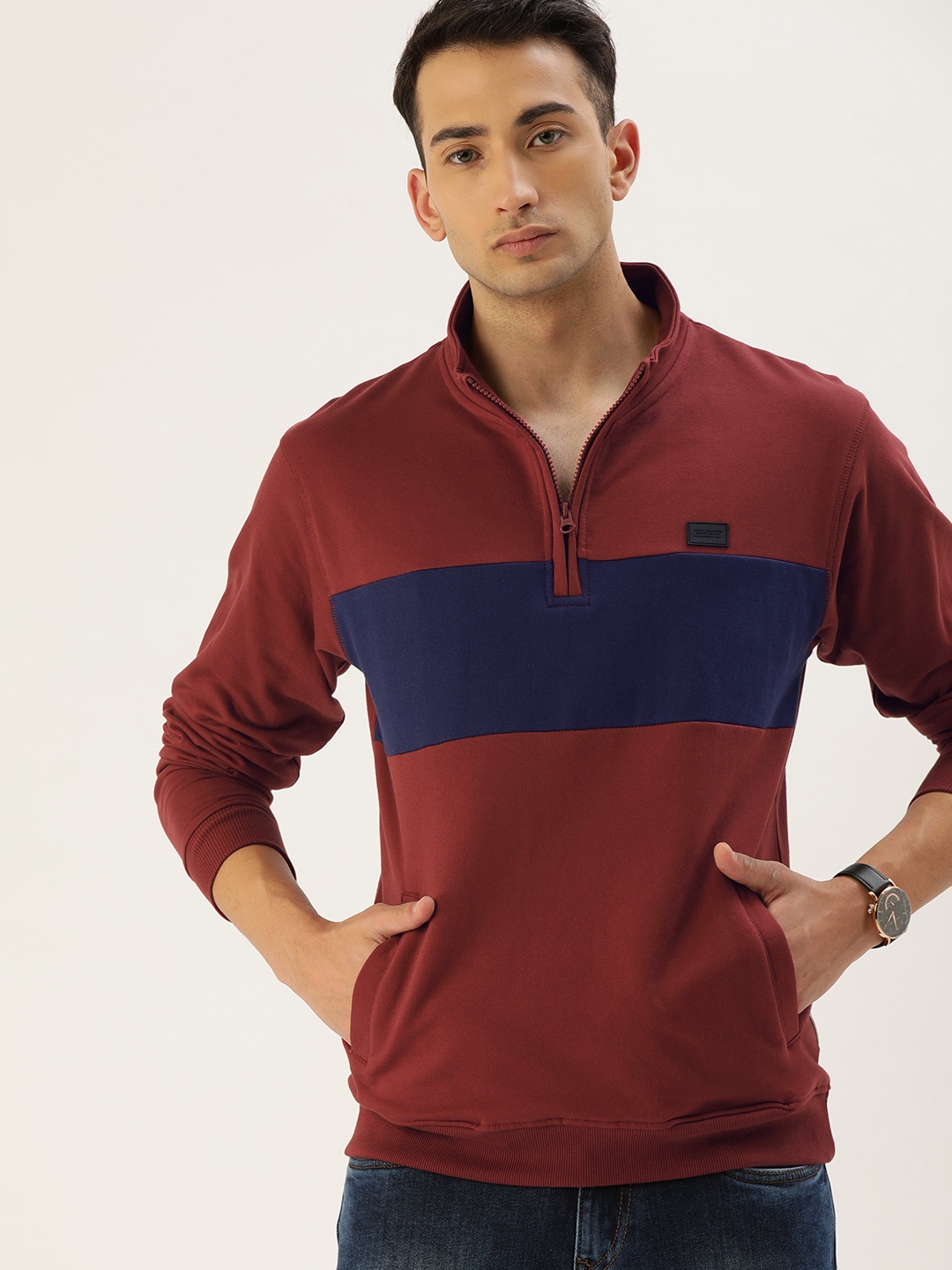 

Flying Machine Men Maroon & Navy Blue Colourblocked Sweatshirt