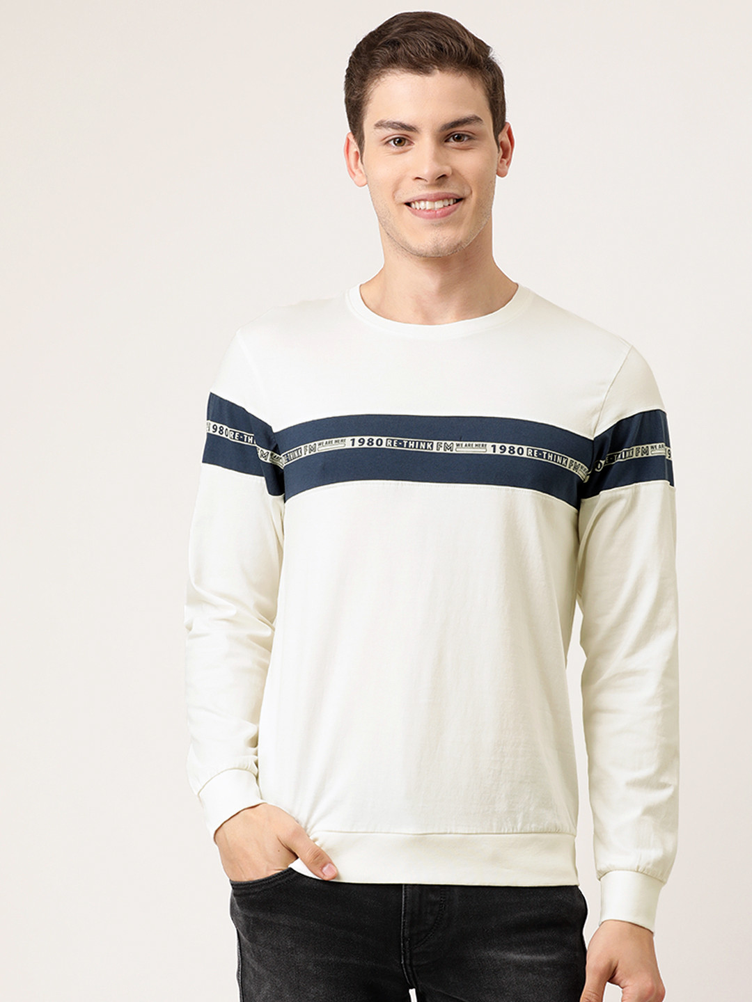 

Flying Machine Men Off-White Navy Blue Colourblocked Round Neck Pure Cotton T-shirt