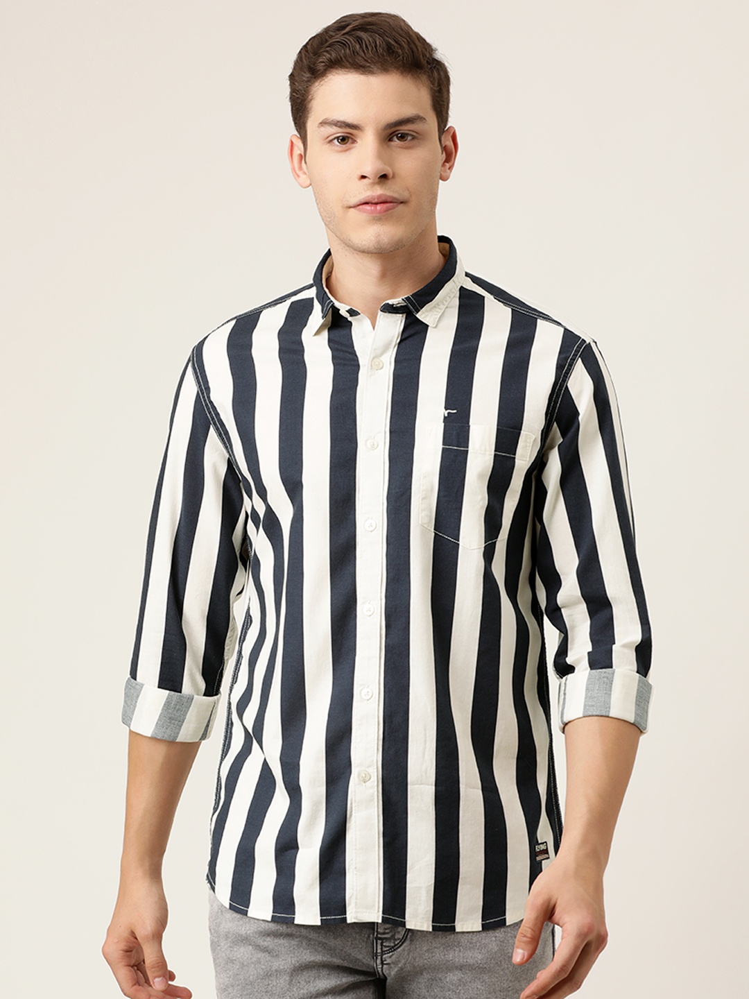 

Flying Machine Men Navy Blue & White Slim Fit Striped Casual Shirt