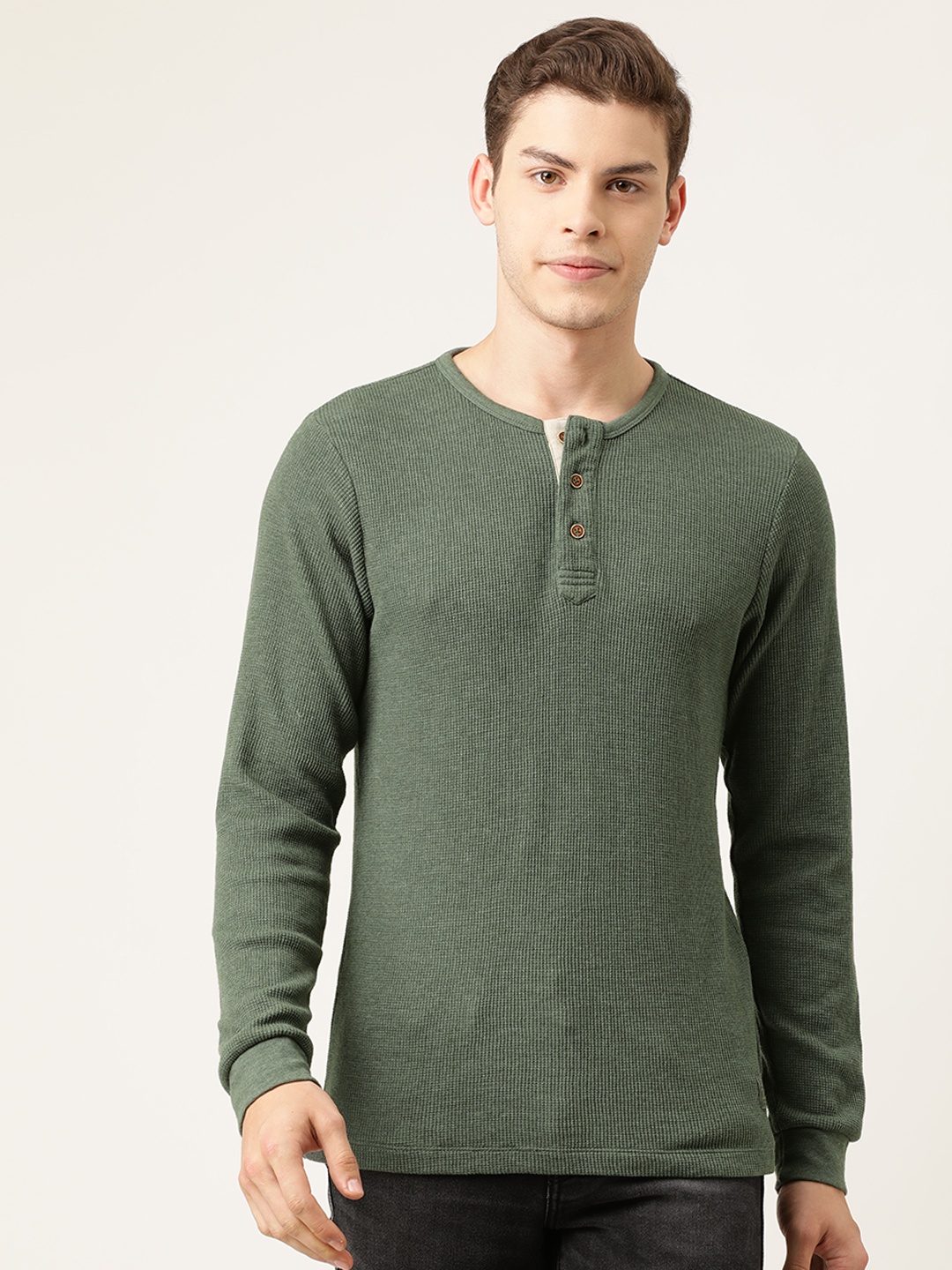 

Flying Machine Men Olive Green Solid Henley Neck T-shirt