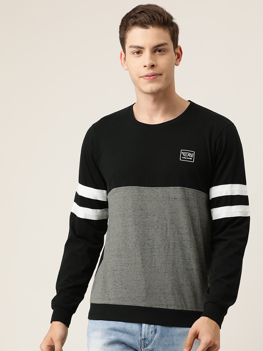 

Flying Machine Men Black & Grey Colourblocked Round Neck T-shirt