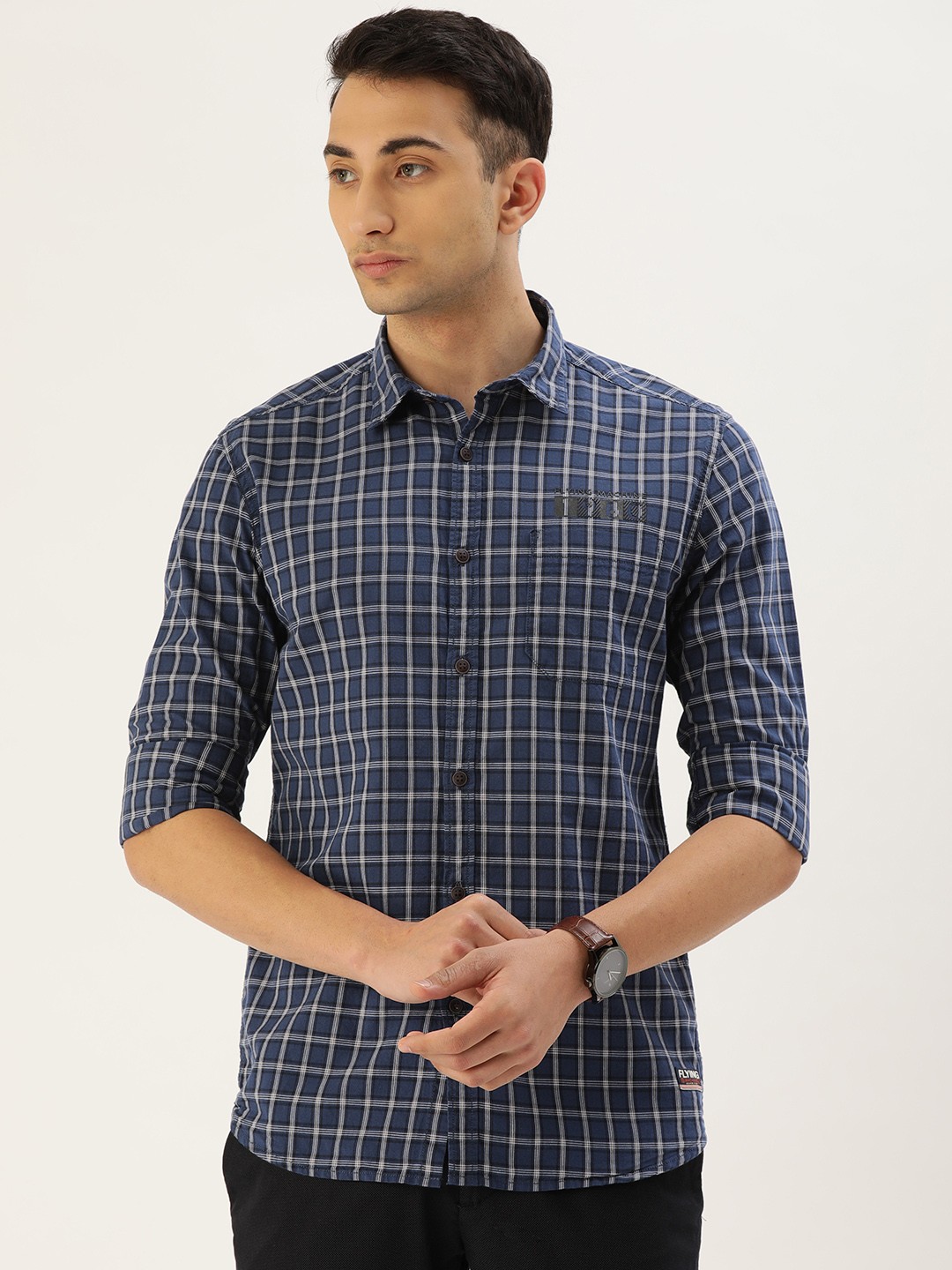 

Flying Machine Men Navy Blue & Off-White Slim Fit Checked Casual Shirt