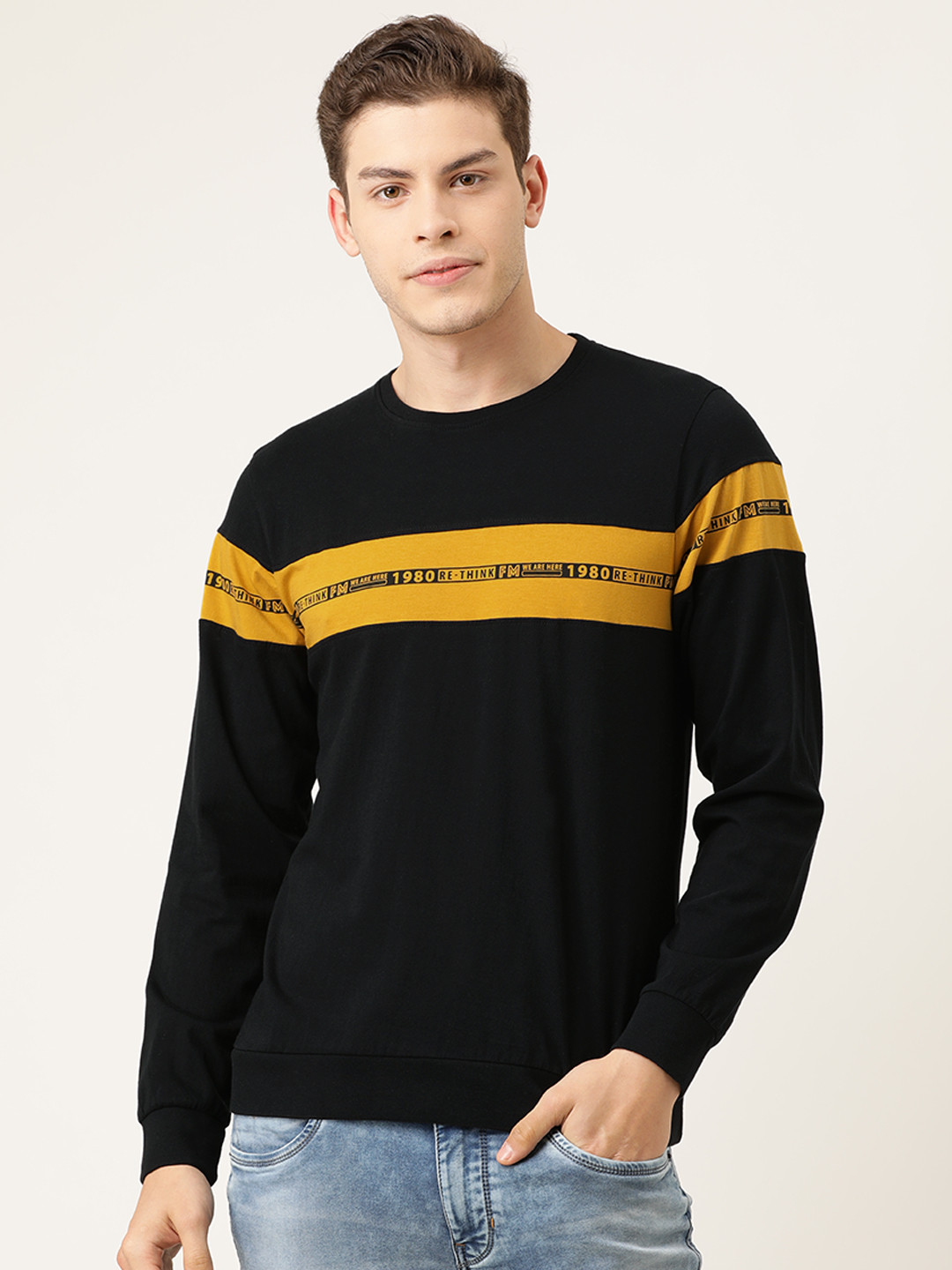 

Flying Machine Men Black Striped Round Neck Pure Cotton T-shirt