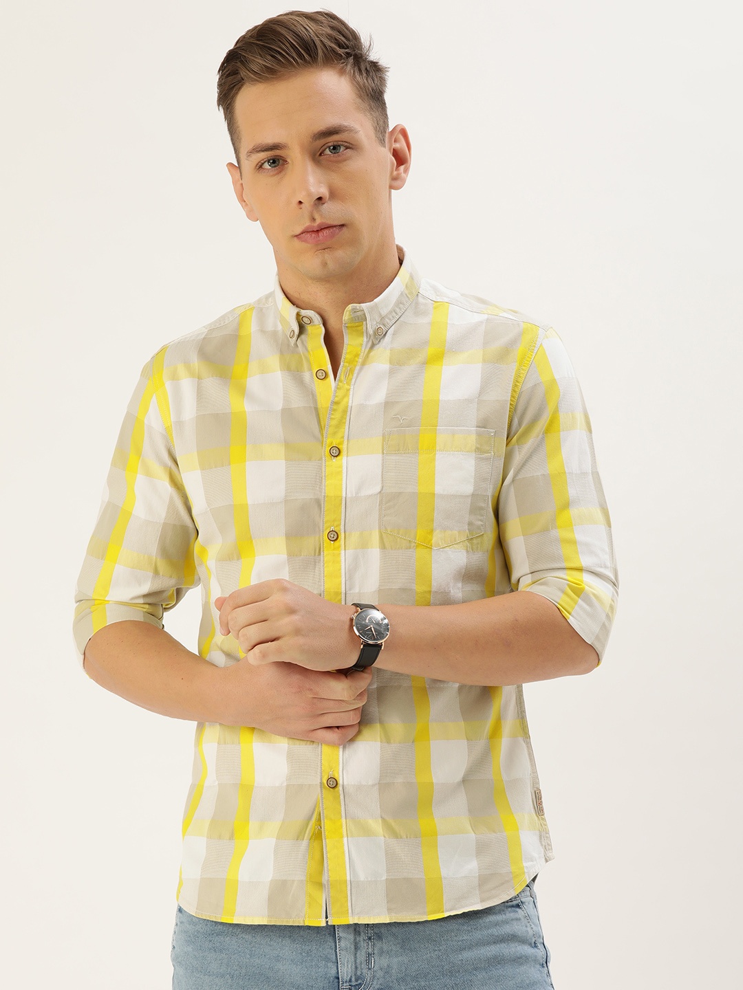 

Flying Machine Men Yellow & White Slim Fit Checked Casual Shirt