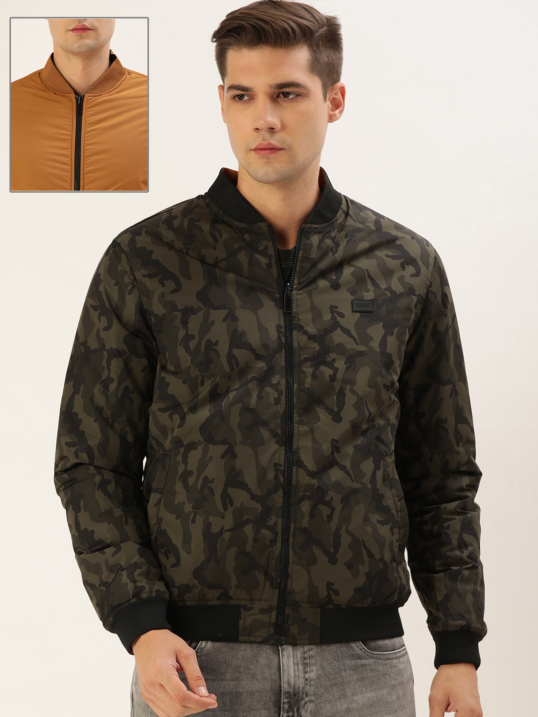 

Flying Machine Men Olive Green Camouflage Reversible Bomber Jacket