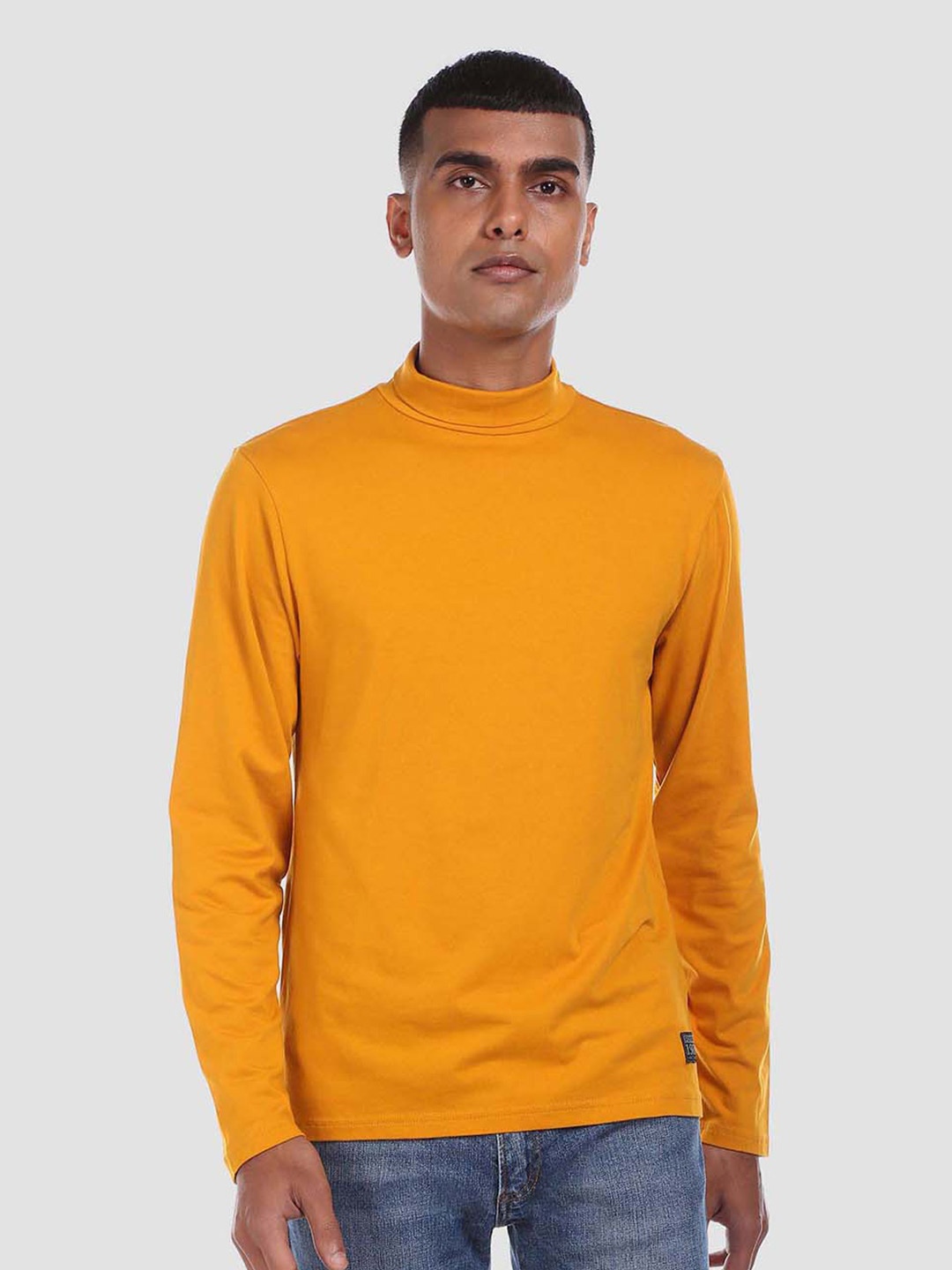

Flying Machine Men Mustard Yellow Solid High Neck T-shirt