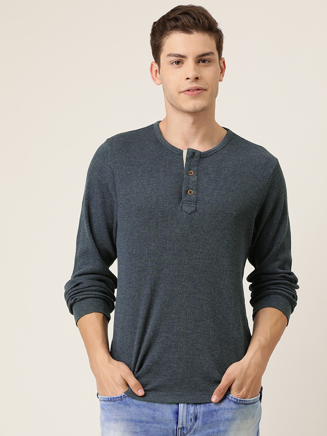 

Flying Machine Men Navy Blue Solid Henley Neck T-shirt