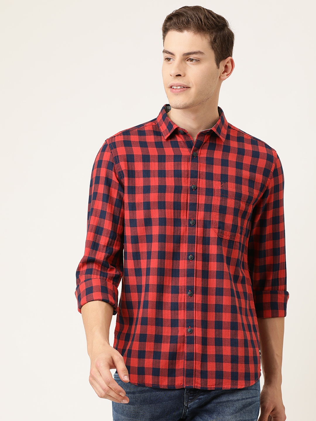 

Flying Machine Men Red & Blue Slim Fit Checked Casual Shirt