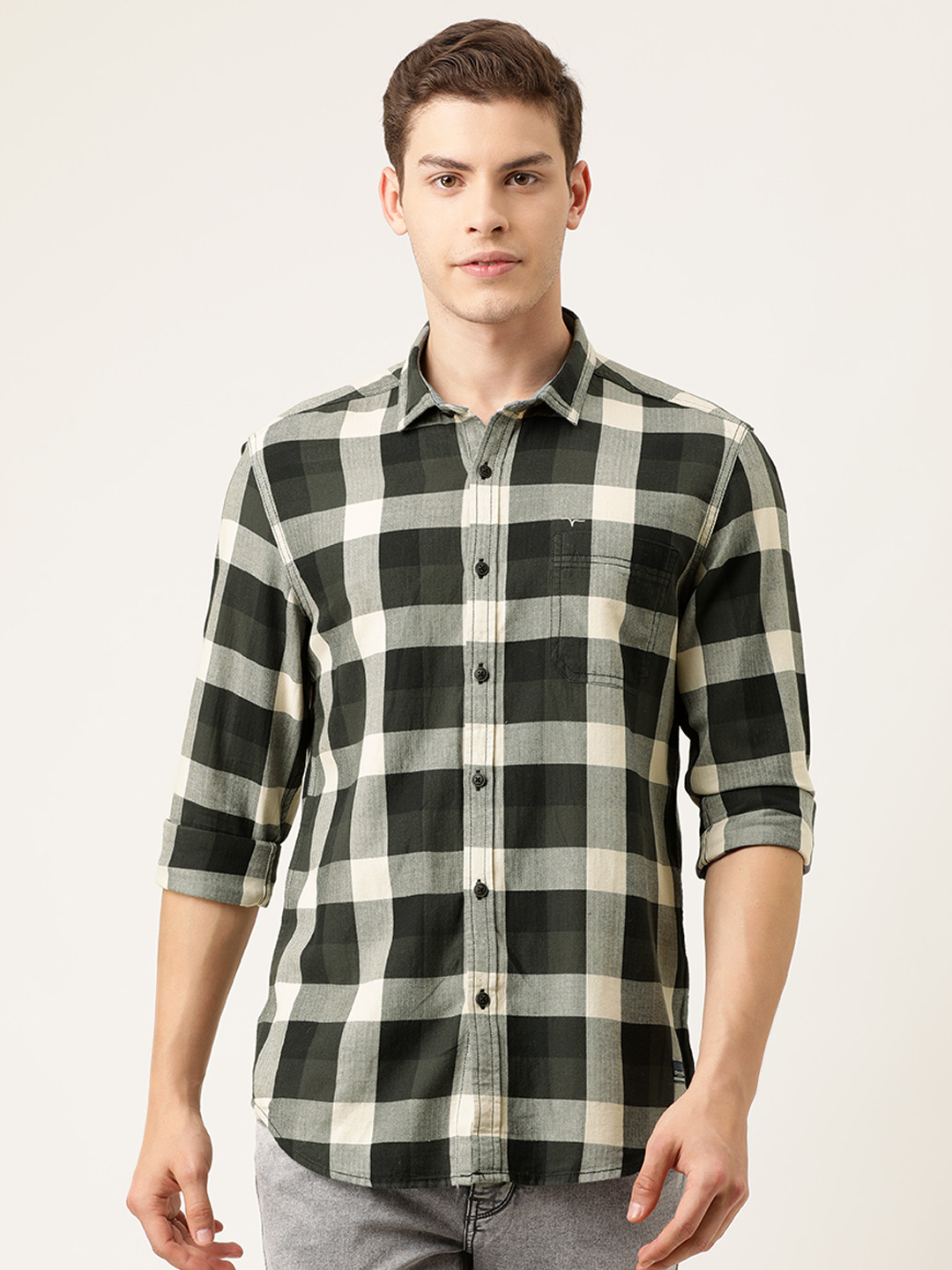 

Flying Machine Men Grey & Olive Green Slim Fit Checked Casual Shirt