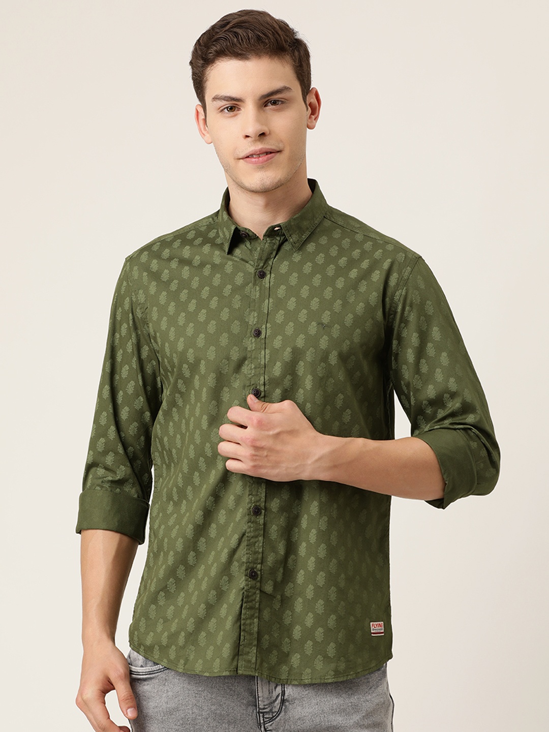 

Flying Machine Men Olive Green Slim Fit Printed Casual Shirt