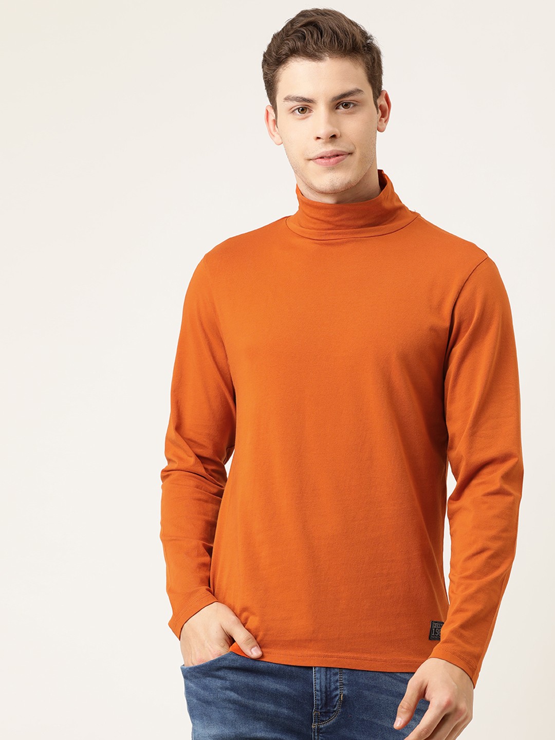 

Flying Machine Men Orange Solid High Neck T-shirt