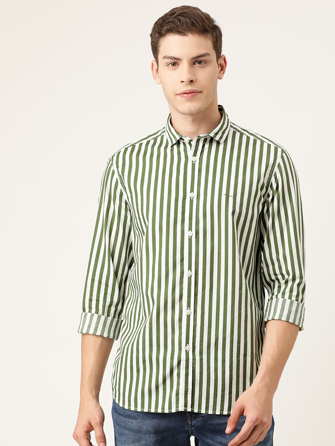 

Flying Machine Men Olive Green & White Slim Fit Striped Casual Shirt