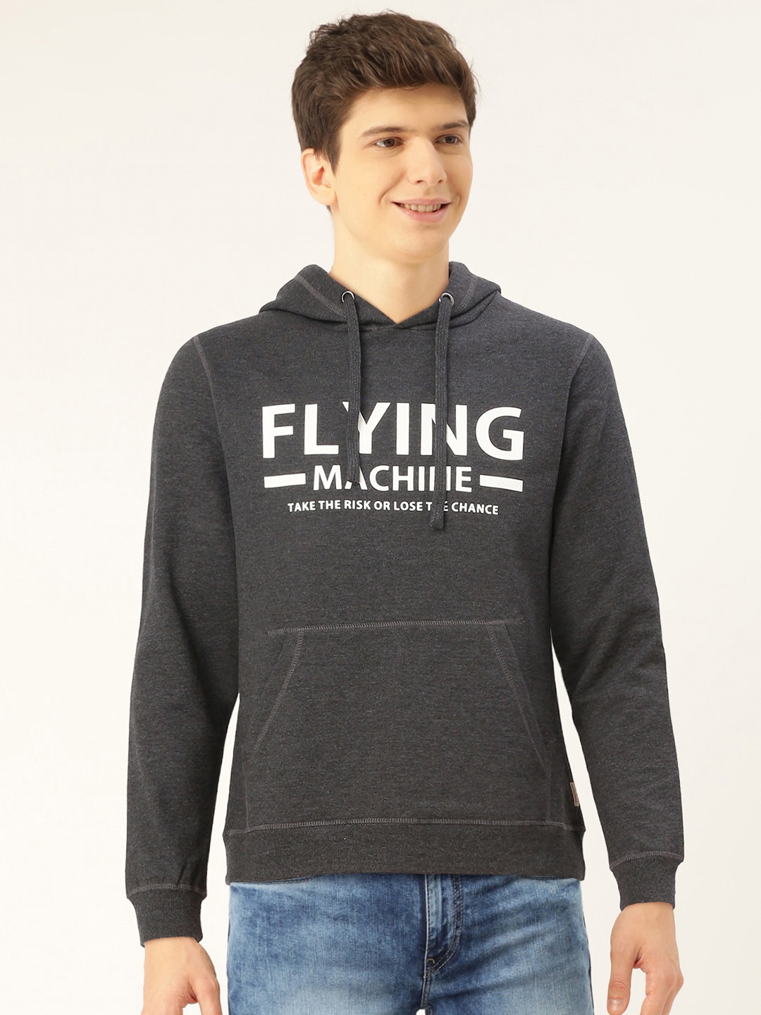 

Flying Machine Men Charcoal Black Printed Hooded Sweatshirt