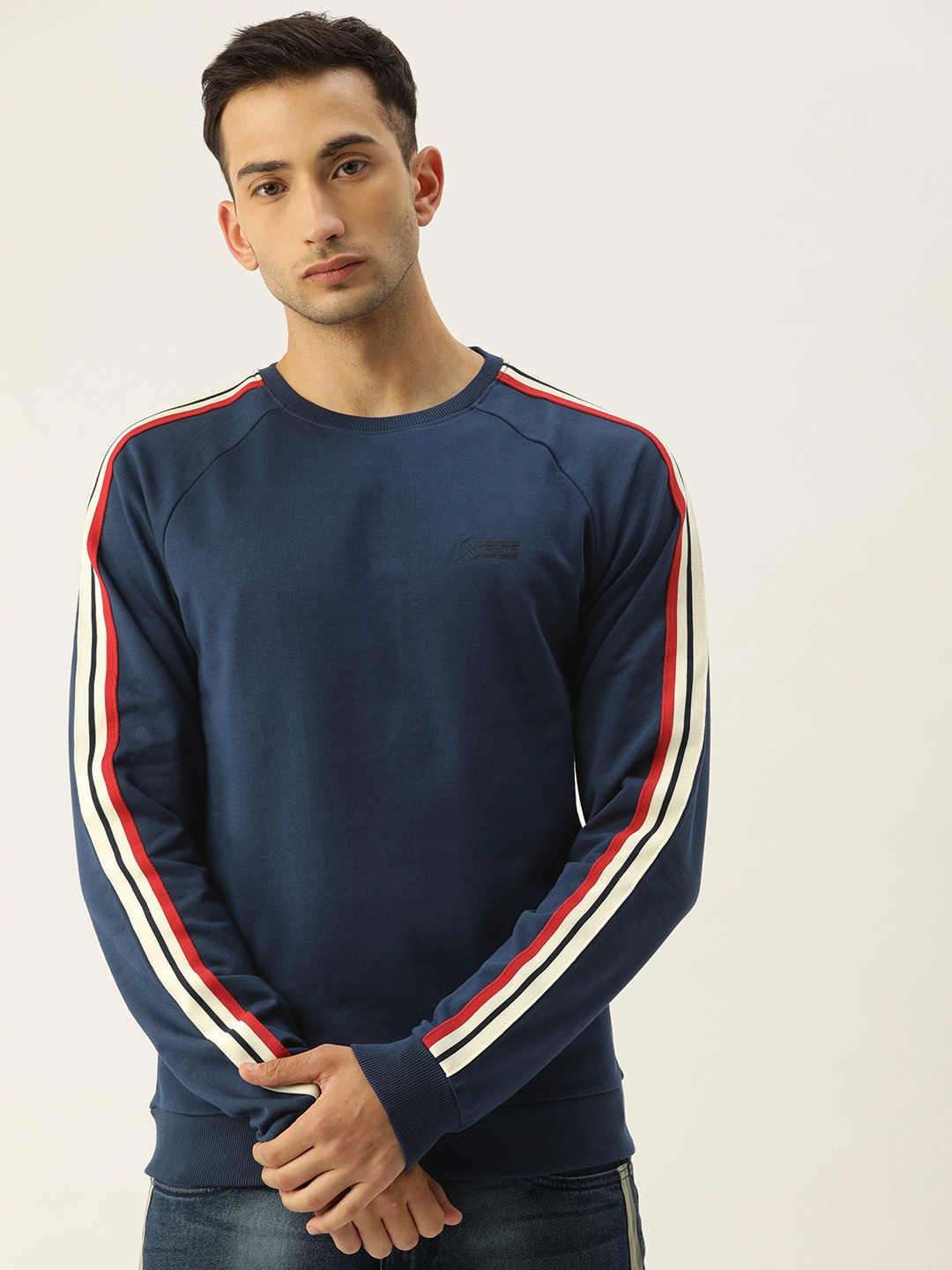 

Flying Machine Men Navy Blue Solid Sweatshirt with Stripe Detail