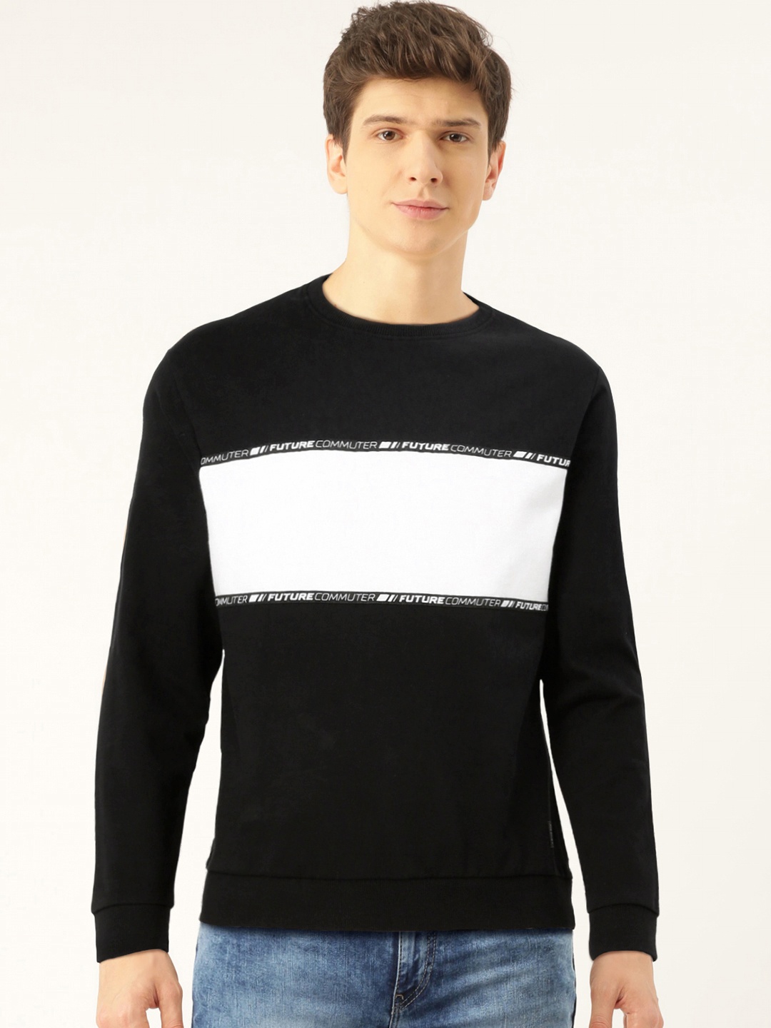 

Flying Machine Men Black & White Colourblocked Pure Cotton Sweatshirt