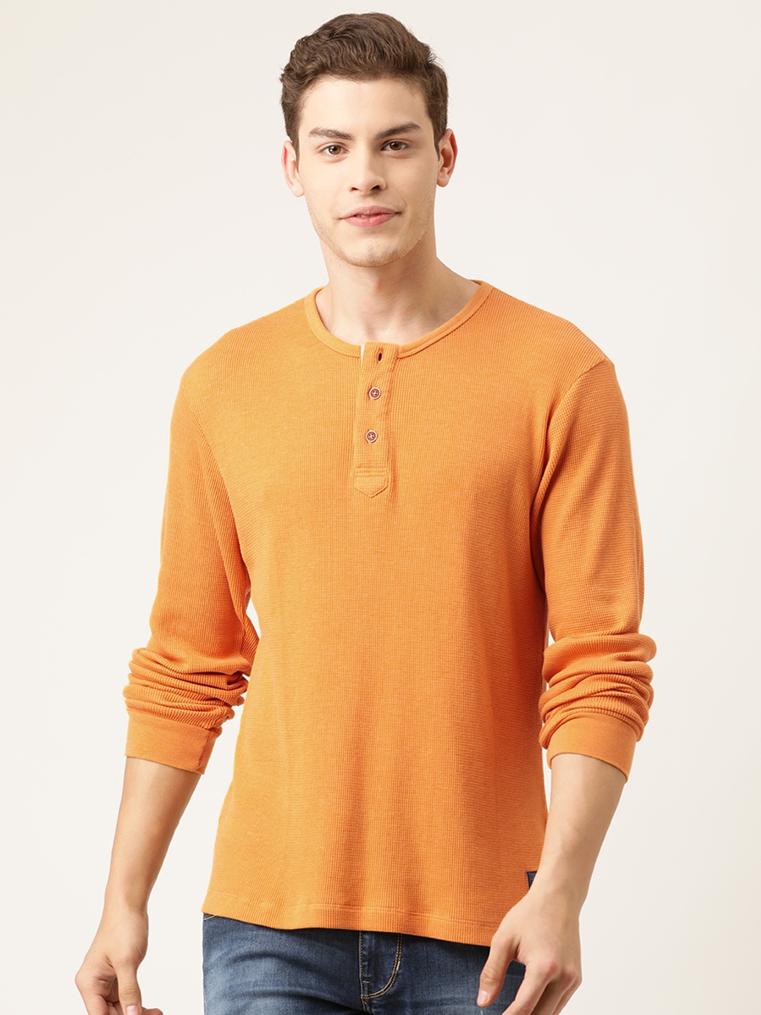 

Flying Machine Men Orange Self Design Henley Neck T-shirt
