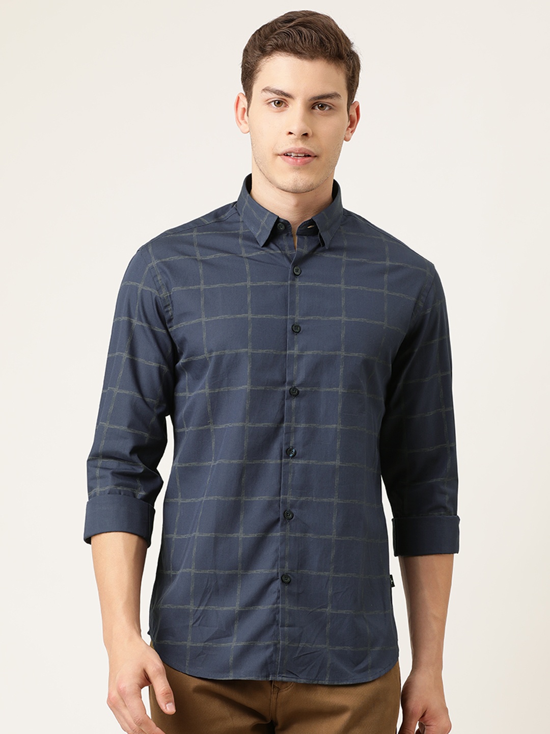 

Flying Machine Men Navy Blue Slim Fit Checked Casual Shirt