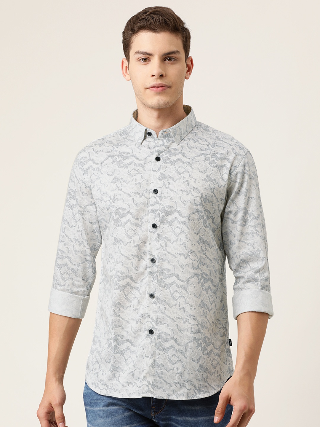 

Flying Machine Men White & Grey Slim Fit Printed Casual Shirt