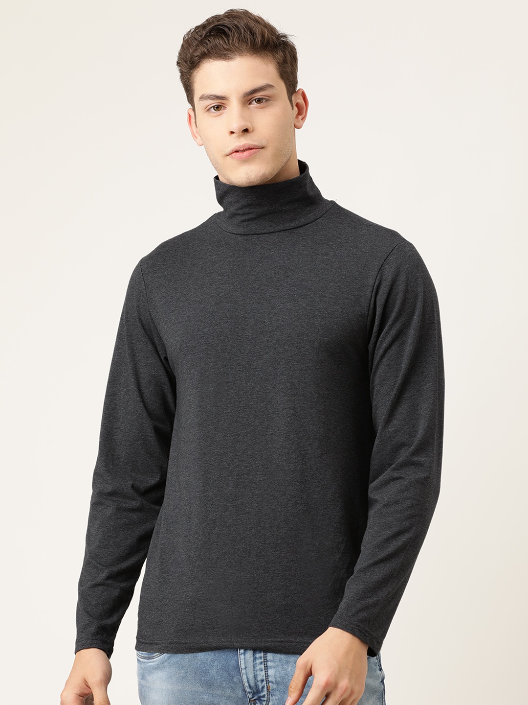 

Flying Machine Men Charcoal Grey Solid Turtle Neck T-shirt