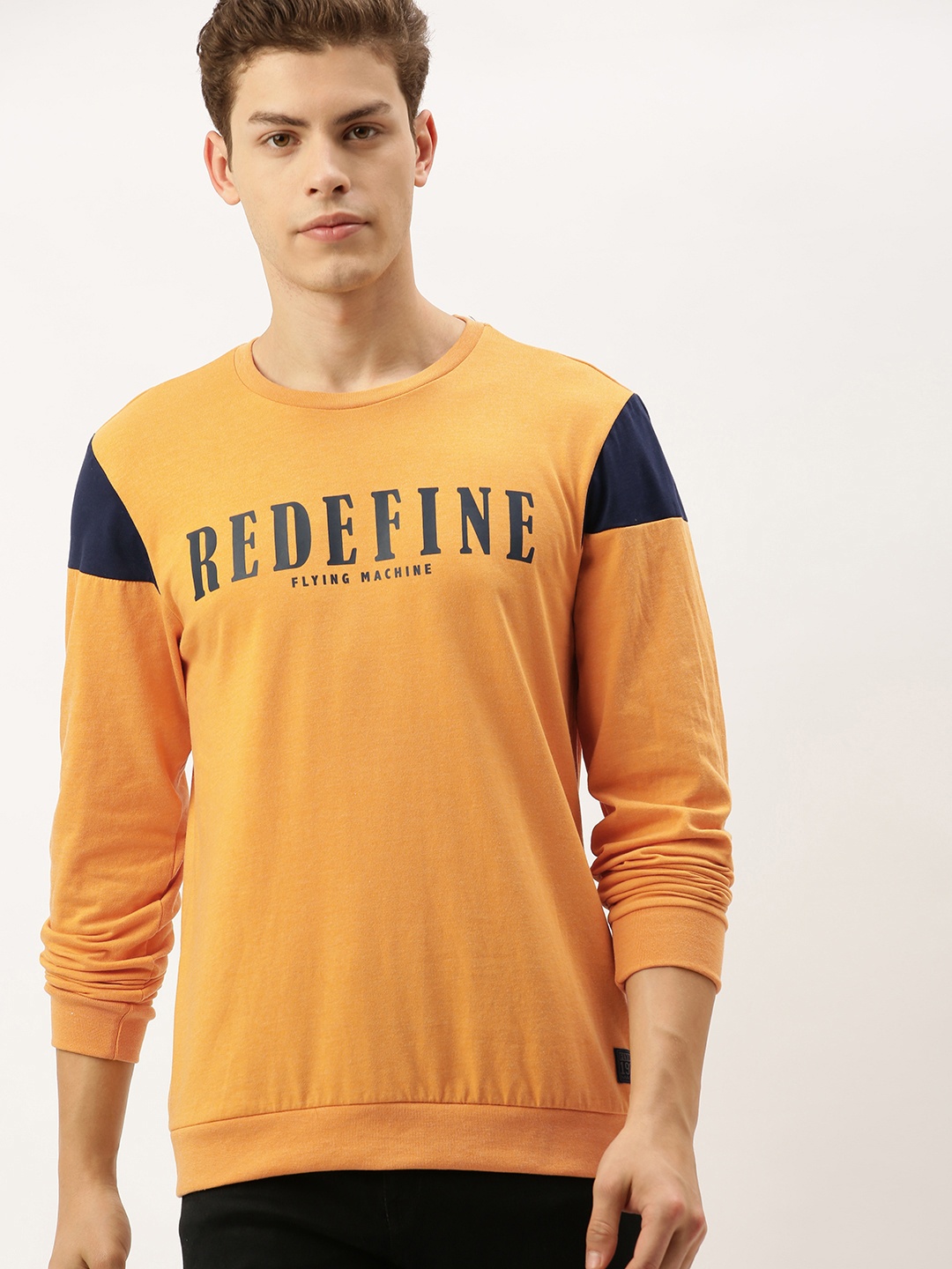 

Flying Machine Men Mustard Yellow Printed Round Neck T-shirt