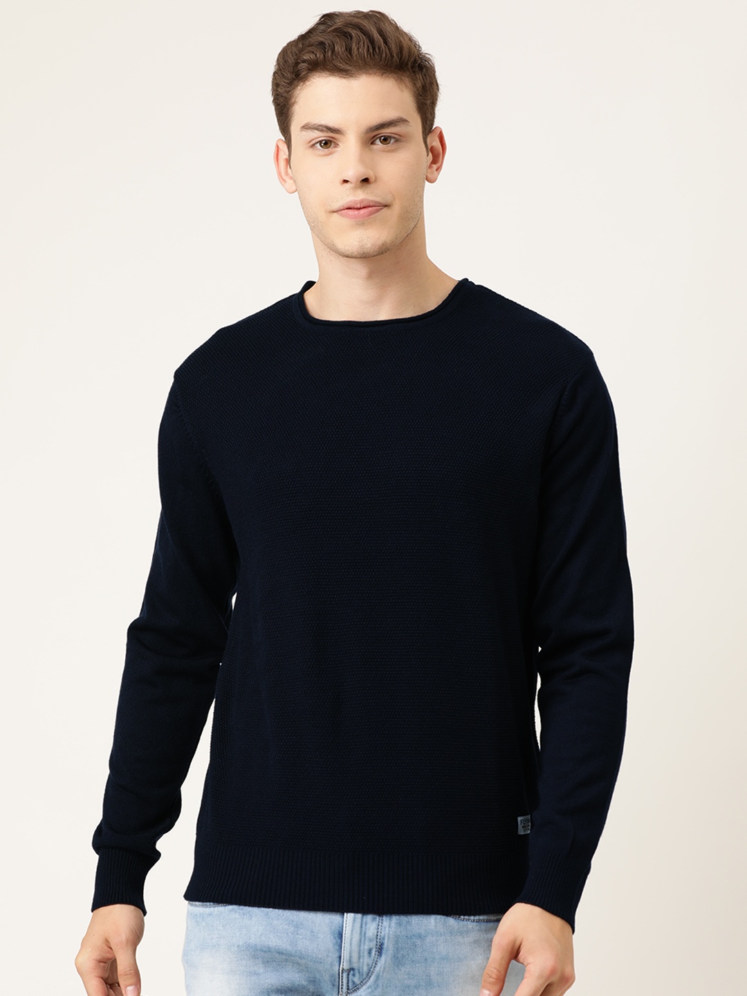 

Flying Machine Men Navy Blue Solid Pullover Sweater