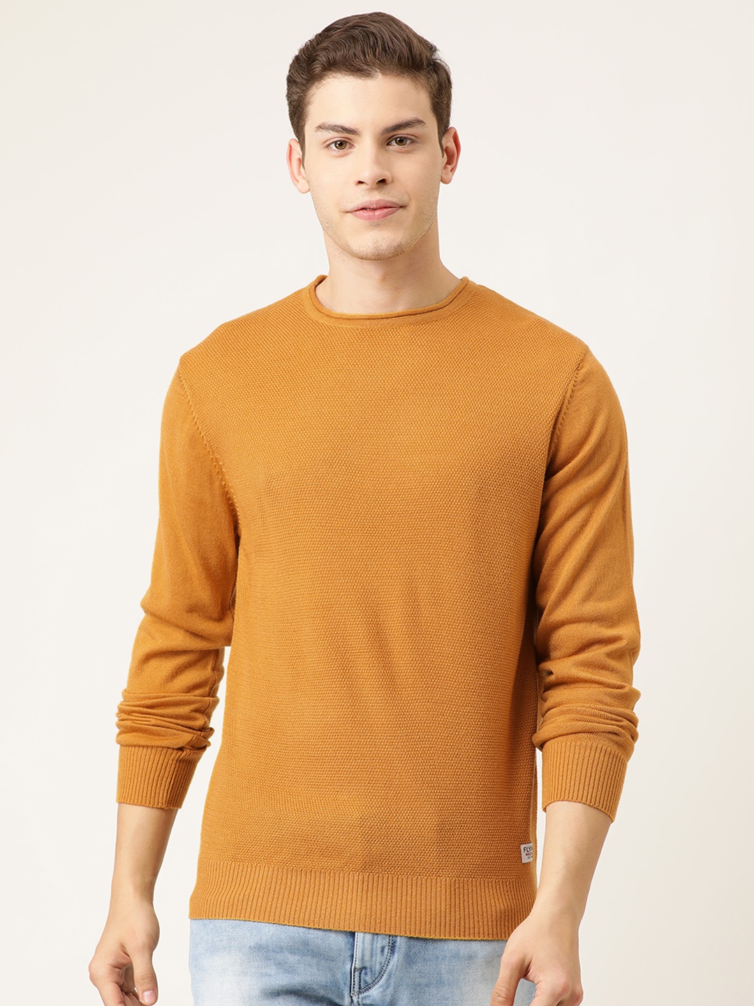 

Flying Machine Men Mustard Yellow Solid Pullover Sweater