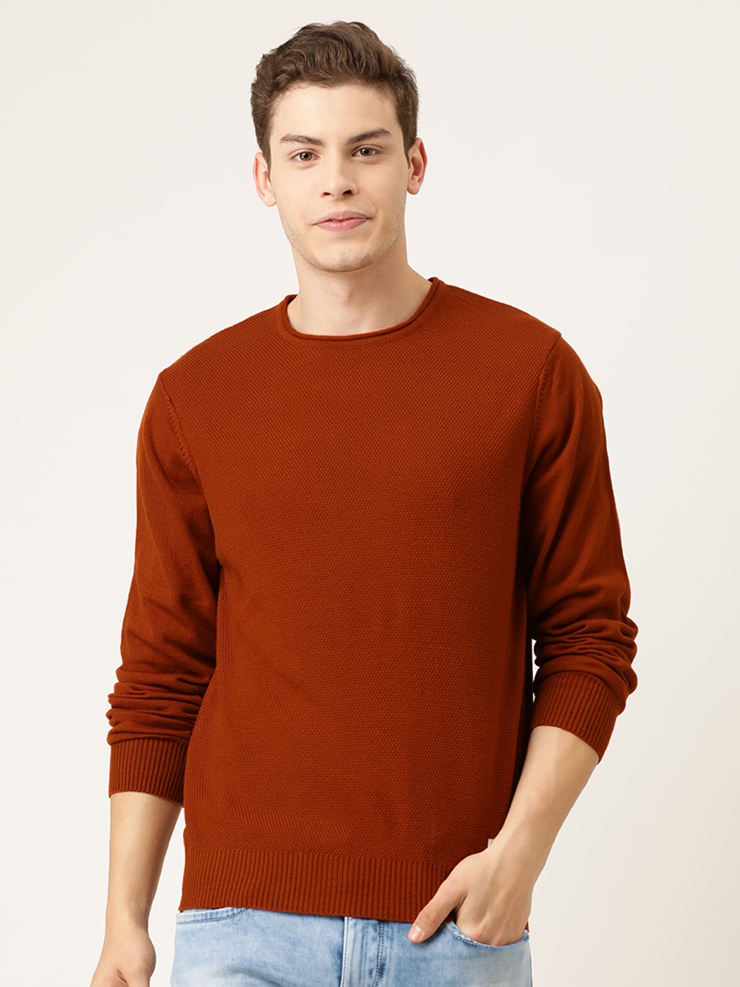

Flying Machine Men Rust Orange Solid Pullover Sweater